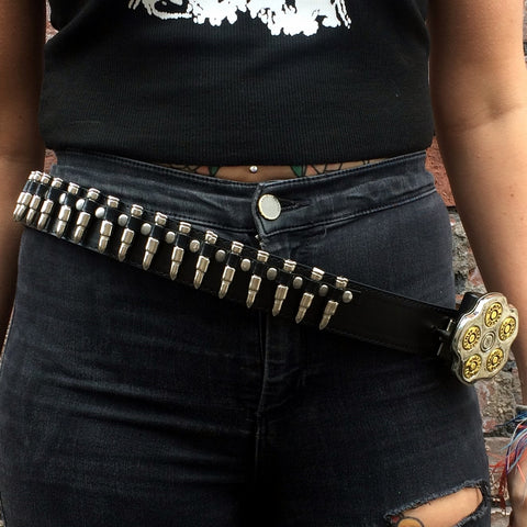 80's Metal Replica Nickel Bullet & Revolver Buckle Belt