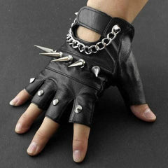 80's Metal - Spiked & Chained Leather Studded Fingerless Gloves